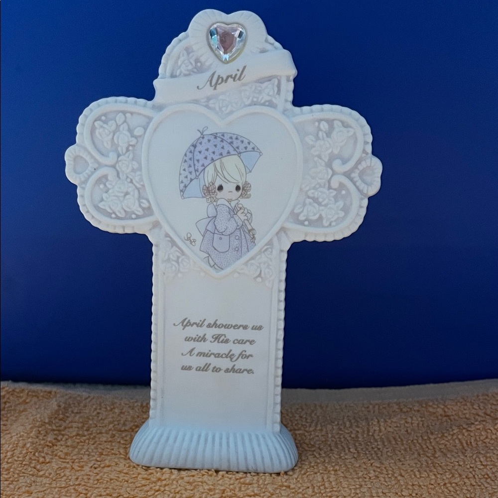 Vintage April Precious Moments Decorative Cross with Heart Design